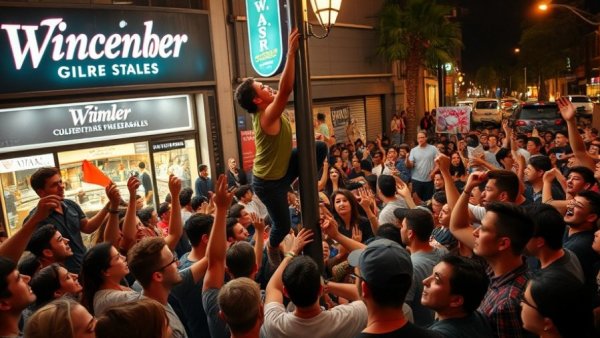 Excited fans celebrating by a pole in a lively city street at night.