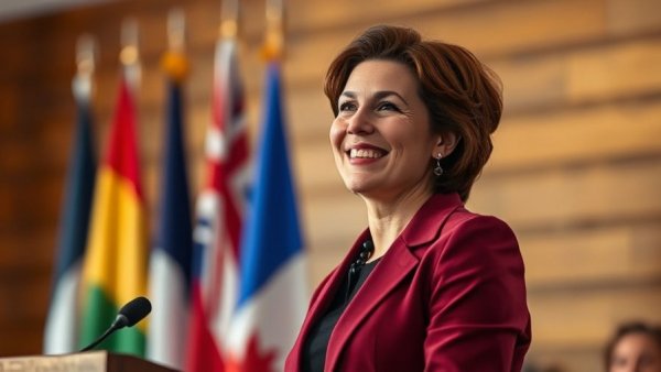Smiling woman speaking at an event with flags in the background.