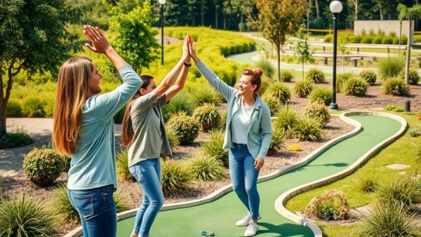 People enjoying Lake Superior mini golf in sunny weather.