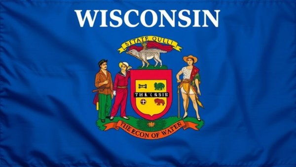 Wisconsin state flag with coat of arms on blue background.