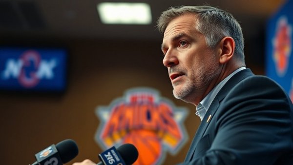 Confident coach at press conference under Knicks logo.