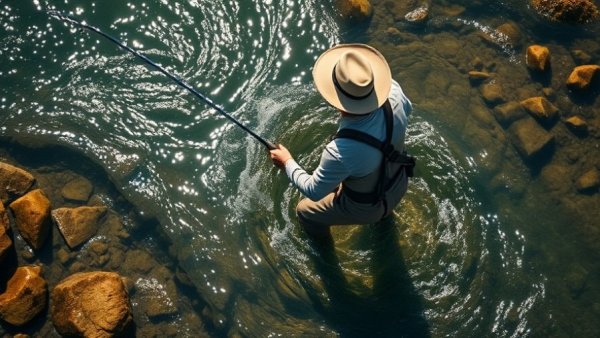 Fly fishing enthusiast in Wisconsin river, promoting outdoor activities.