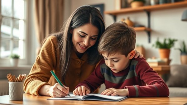 Mother and son working on homework, Wisconsin parenting tips.
