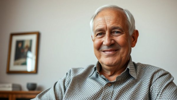 Older man smiling indoors, detailed patterned shirt.