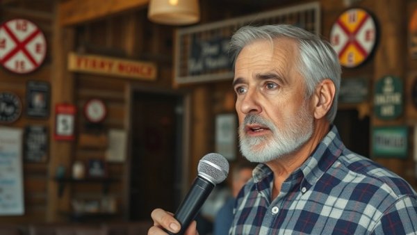 Middle-aged man speaking into microphone, Wisconsin travel discussion.