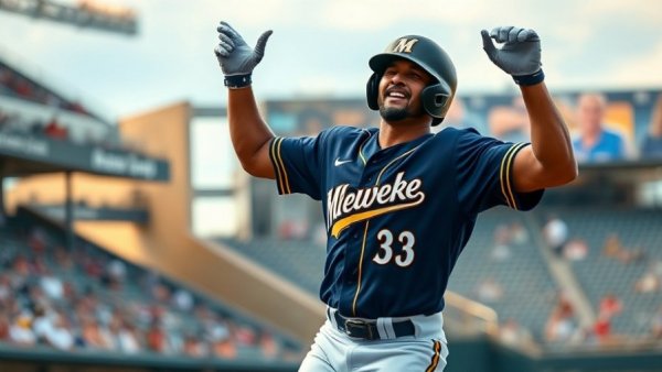 Milwaukee Brewers player celebrating during game highlights.