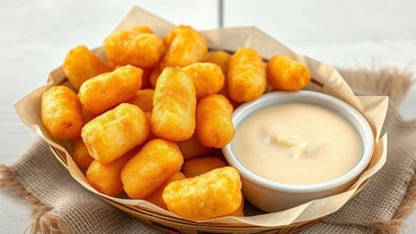 Golden Wisconsin cheese curds with dipping sauce on burlap.