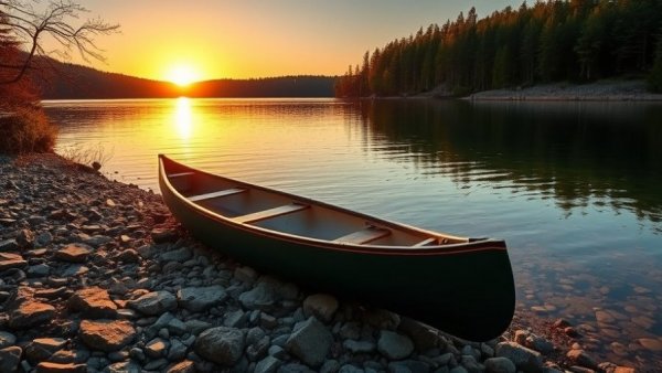 Canoe on Lake Superior at sunrise with filming regulations.
