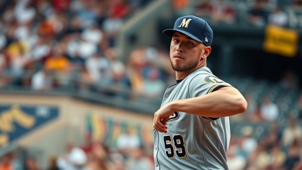 Milwaukee Brewers player pitching at a game with crowd in background.