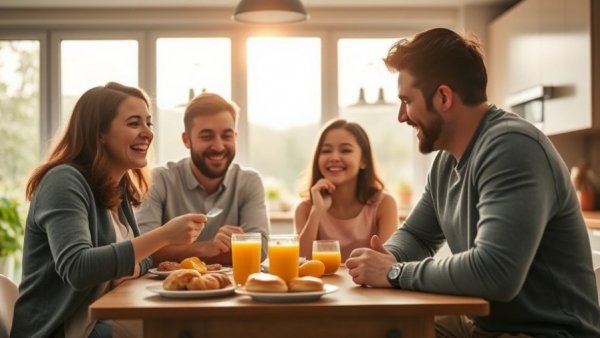 Wisconsin family activities, cheerful family enjoying breakfast in bright kitchen.