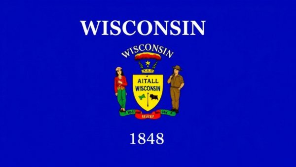 Wisconsin state flag with seal, representing history since 1848