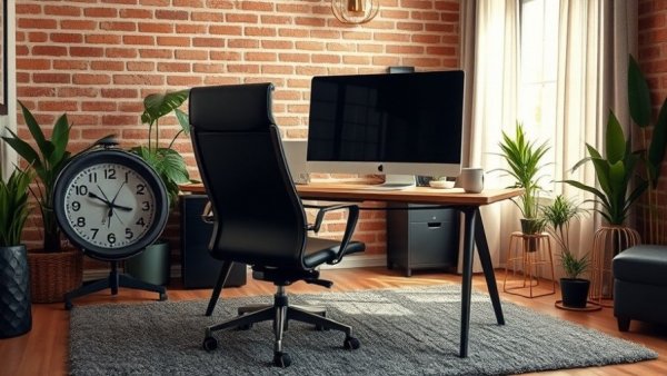 Cozy office setup with a black chair, desk, and brick wall.