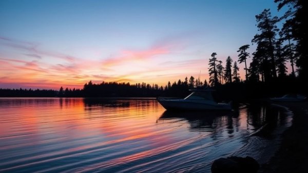 Serene Wisconsin fishing spot at sunset with silhouetted boat.