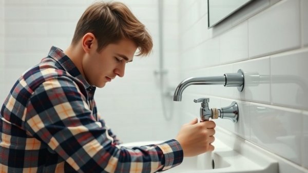 Young man performing Wisconsin home maintenance tasks under a sink.