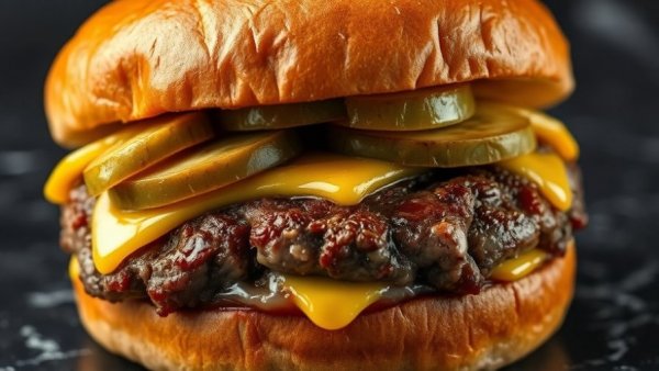 Close-up of a classic Wisconsin butter burger with cheese and pickles.