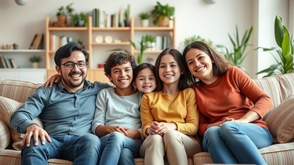 Wisconsin family activities at home in cozy living room.