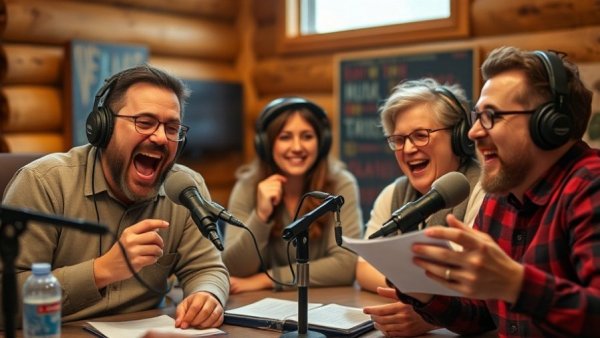 Excited hosts on a Wisconsin travel podcast in a cabin setting.