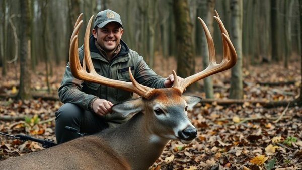 Hunter with a trophy whitetail deer in Wisconsin forest setup