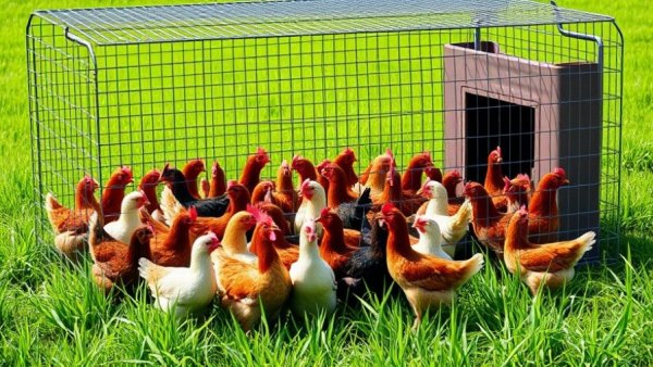 Overcrowded metal chicken coop with many chickens, photorealistic.
