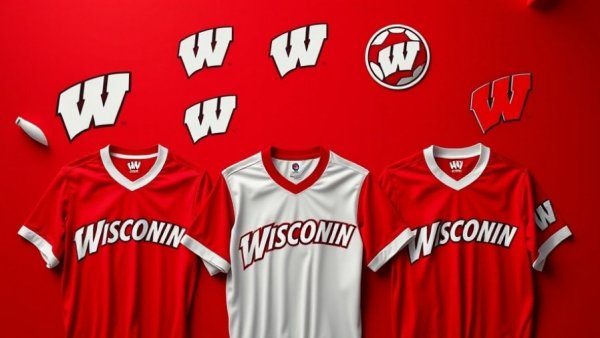 Wisconsin sports teams jerseys with team logos on red background.
