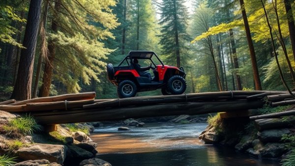 Wisconsin UTV season in forest crossing bridge.
