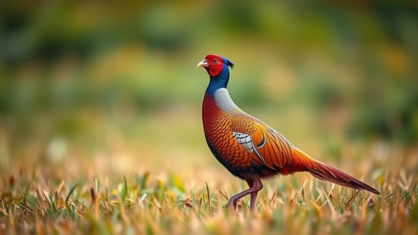 Vibrant pheasant in Wisconsin field for outdoor activities.