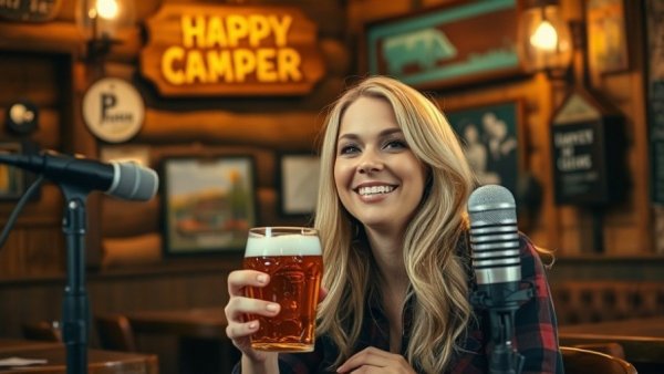 Blonde woman enjoying beer in a rustic Wisconsin tavern