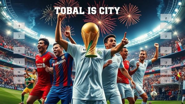 World Cup knockout bracket predictions with players and trophy.
