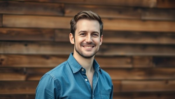 Man in blue shirt against wooden wall