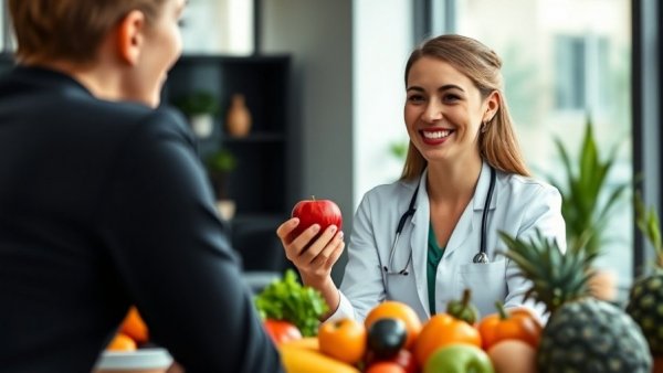 Nutritionist discussing diet with client for weight management support.