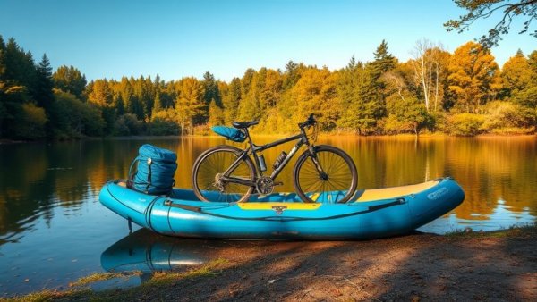 Exciting bikerafting adventure setup on Lake Superior shoreline