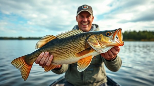 Wisconsin fishing spots: Excited fisherman holding a large walleye in a lake.