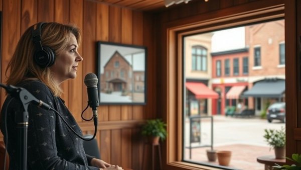 Wisconsin travel podcast setup with Cassville scenic view.