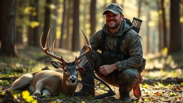 Hunter with bow and deer in forest, building your own hunting arrows