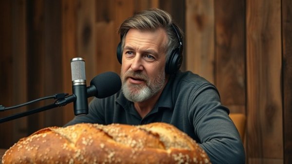 Engaging podcast in rustic studio with sourdough loaf overlay.