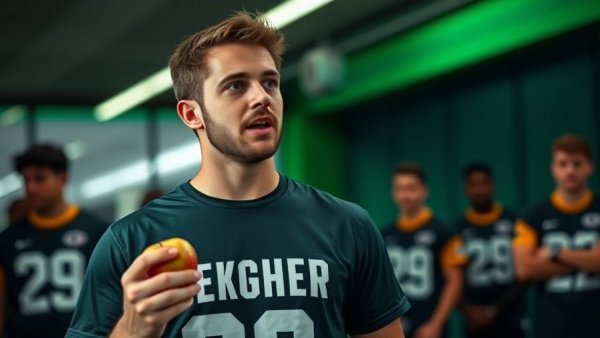 Young man in Packers shirt holding apple indoors, Wisconsin outdoor recreation