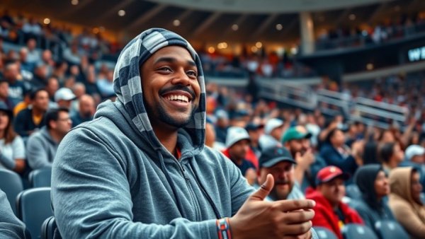 Enthusiastic sports fans at a stadium during a lively game.
