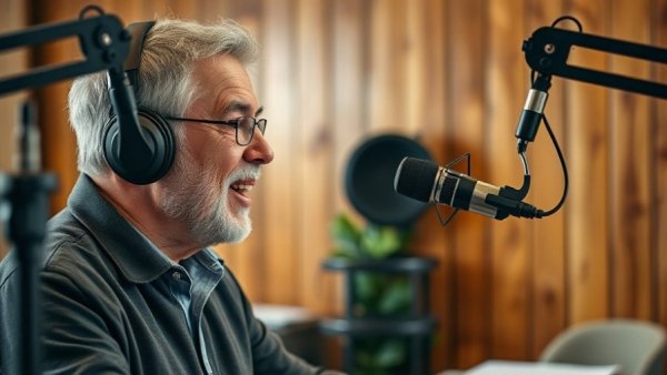 Middle-aged man podcasting about Wisconsin travel, engaging and dynamic setting.