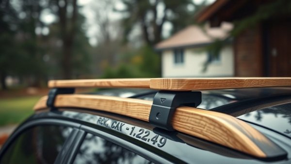 Close-up handmade wooden roof rack on car near Lake Superior.