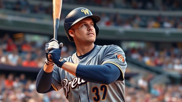 Milwaukee Brewers player ready to bat at Brewers game.