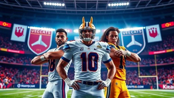 Three football players with team logos; 2025 NFL Draft theme.