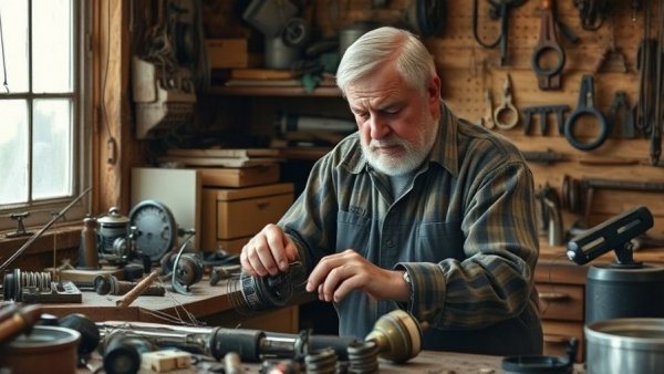 Man repairing vintage fishing gear in Wisconsin workshop