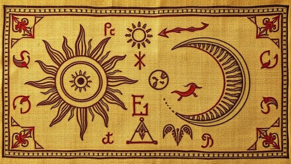 Ancient textile art depicting sun and comet, Wisconsin outdoor activities theme.