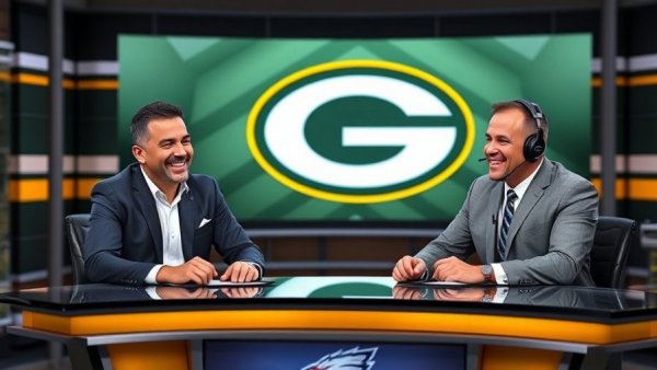 Green Bay Packers training camp hosts at a sports desk.