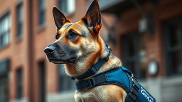 Service dog in blue vest providing mental health support.