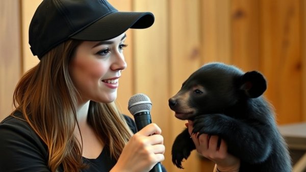 Wisconsin travel podcast with woman and black bear cub indoors.