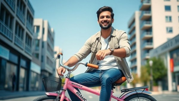 Casual man on pink bike enjoying Wisconsin outdoor recreation.