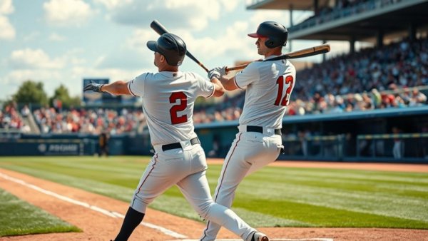 Baseball player swinging during a game, outdoor field.