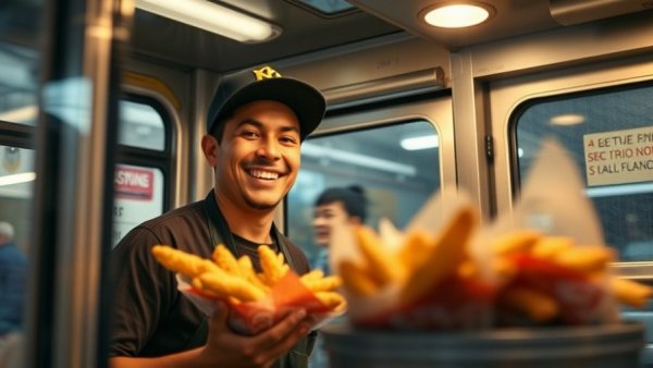 Food vendor serves snacks with a smile.