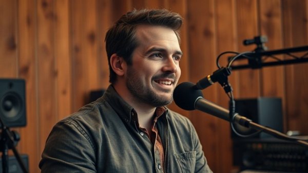Casually dressed man being interviewed in a rustic setting.